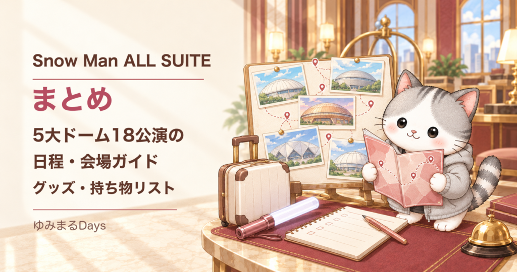 Snow Man ALL SUITE まとめ｜5大ドーム18公演の日程・会場ガイド・グッズ・持ち物リスト｜ゆみまるDays